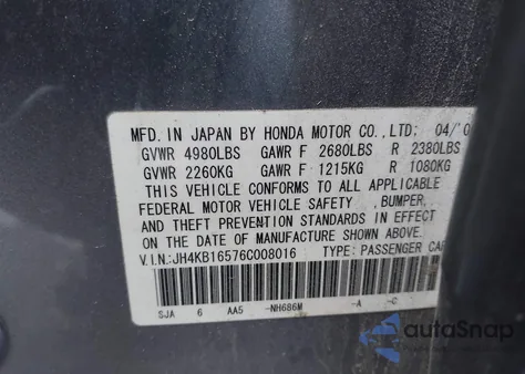 2006 Acura Rl 3.5 z USA, uszkodzony, nr VIN JH4KB16576C008016